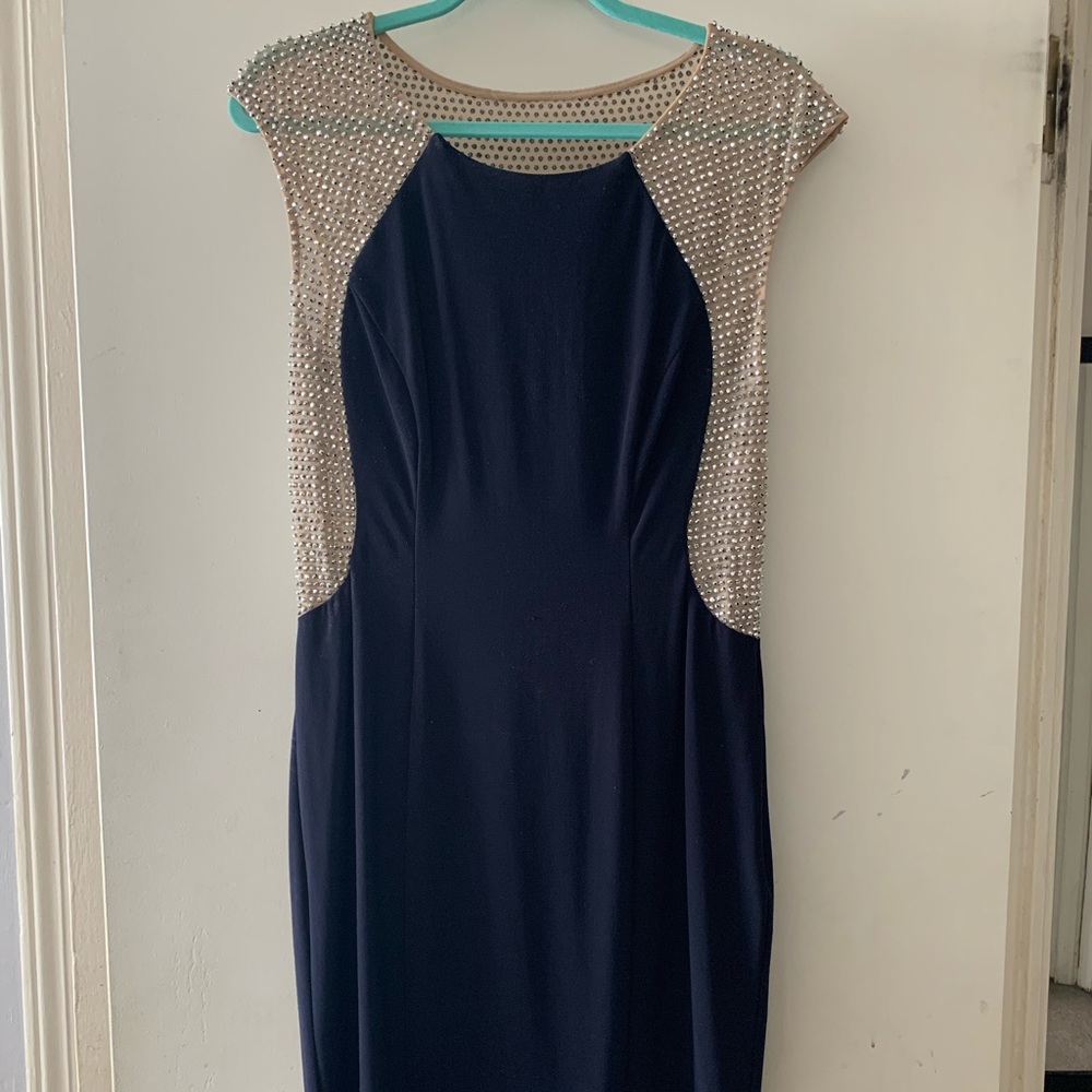 Macy’s Rhinestone Tan & Navy Straight Dress